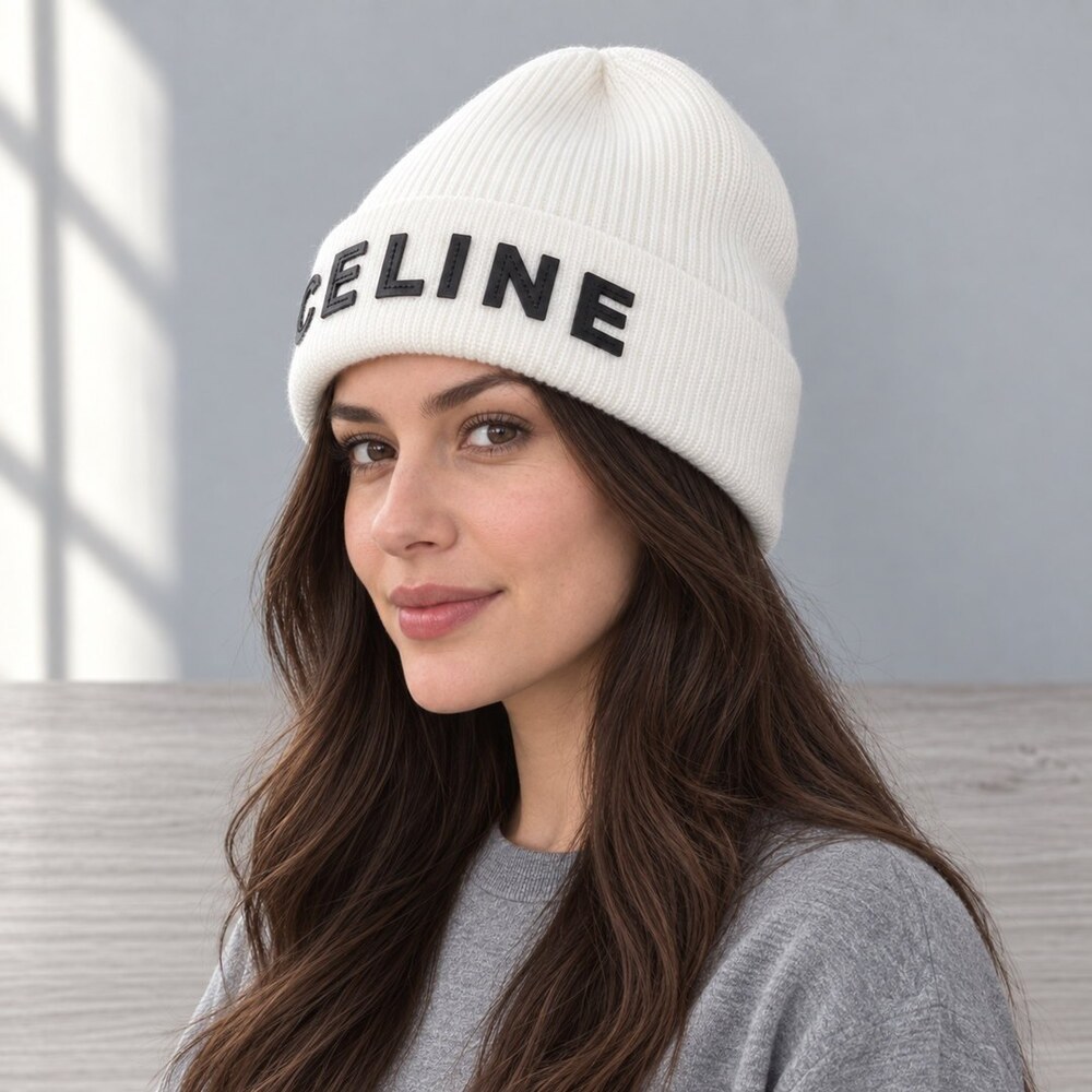 CELINE White Ribbed Knit Beanie - Picture 3 of 6